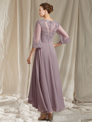 Mother of the Bride Dress Elegant High Low Square Neck Asymmetrical Ankle Length Chiffon Lace Sleeve with Pleats Appliques