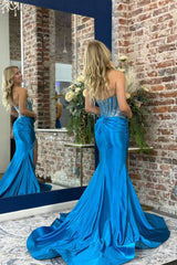 Mermaid Sweetheart Royal Blue Satin Slit Prom Dresses