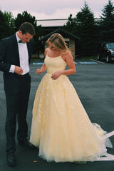 046, Hot Yellow tulle lace long prom dress party dress