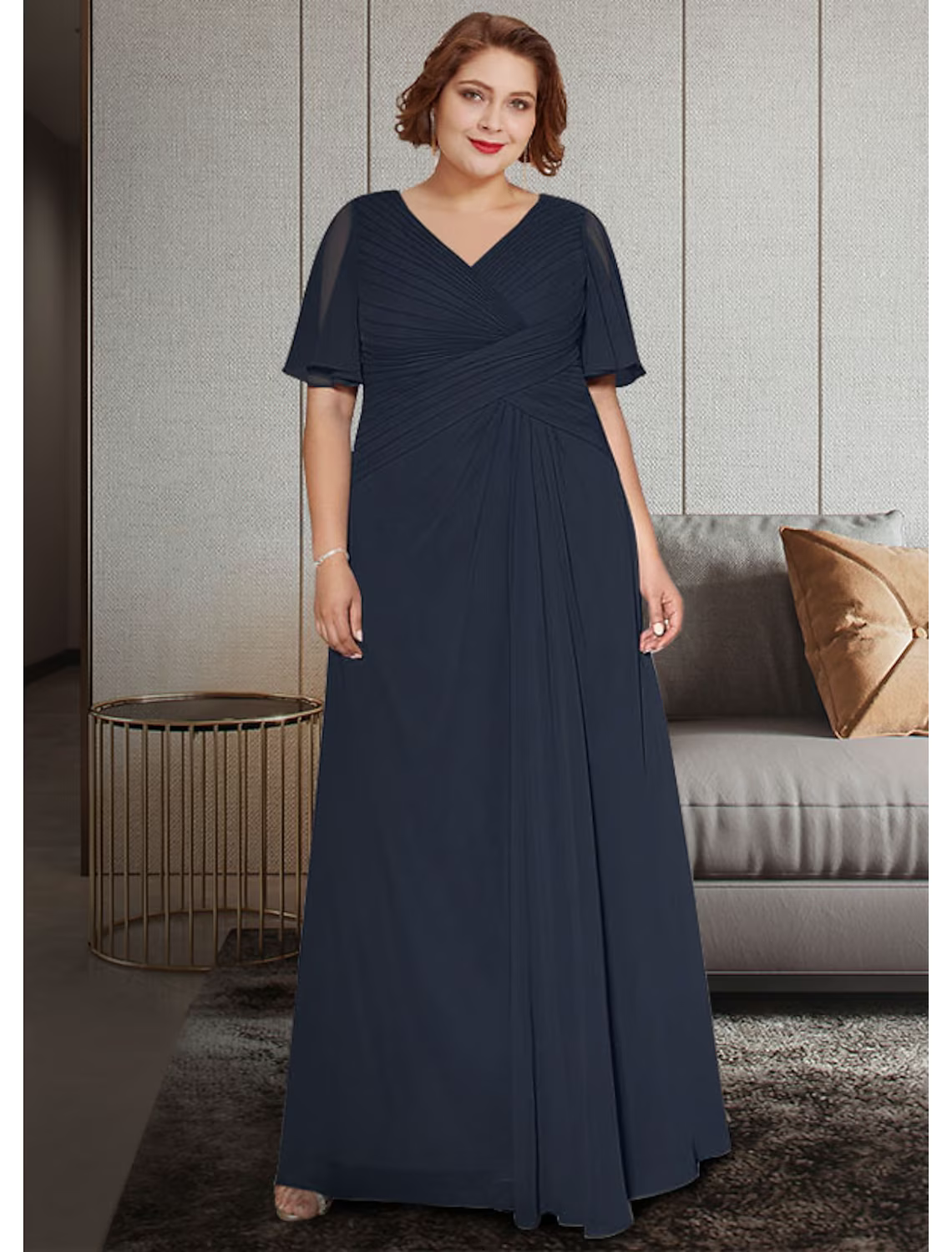 Mother of the Bride Dress Elegant Neck Ankle Length Chiffon Lace Half Sleeve with Lace