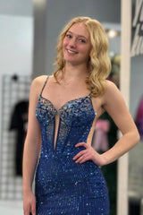 Mermaid Sweetheart Blue Keyhole Sequins Beads Long Prom Dresses