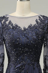 Long sleeved blue decal bride mother dress