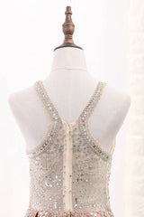Aimishang A Line Formal Dresses Scoop Satin With Beads Sweep Train