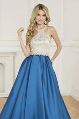 Aimishang A Line Formal Dresses Scoop Satin With Beads Sweep Train