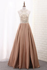 Aimishang A Line Formal Dresses Scoop Satin With Beads Sweep Train