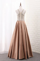 Aimishang A Line Formal Dresses Scoop Satin With Beads Sweep Train