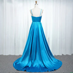 A Line Spaghetti Straps  Satin Prom Dresses With Slit And Flounced