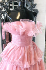 A Line Strapless Princess Tulle Layers Ruffles Long Prom Dress Off Shoulder