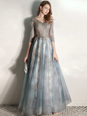 A-Line Prom Dresses Elegant Dress Engagement Floor Length Half Sleeve V Neck Tullewith Pleats Pattern Print Appliques