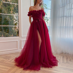 A-line Tulle Burgundy Short Sleeve Off-the-Shoulder Scoop Hand-Made Flower Prom Dresses With Slit