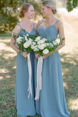 A-line Spaghetti Straps Pleated Dusty Blue Long Bridesmaid Dress/Formal Women's Dresses