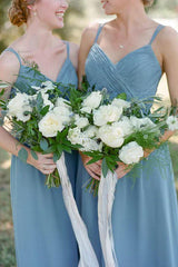 A-line Spaghetti Straps Pleated Dusty Blue Long Bridesmaid Dress/Formal Women's Dresses