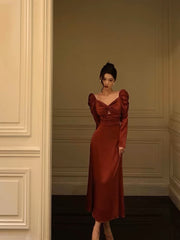 Sexy A line Long Sleeves Red Satin Prom Dresses Birthday Outfits SD313