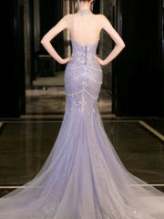 Pretty Mermaid Off The Shoulder Blue Tulle Silver Beads Long Prom Dresses Formal Evening Dress SD1498