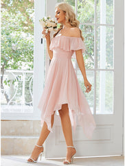 Bridesmaid Dresses Wedding Guest Dress Midi Dress Pink Short Sleeve Pure Color Ruched Summer Spring Fall Off Shoulder Party Wedding Guest Birthday Vacation