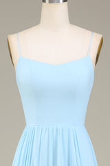 A-Line Spaghetti Straps Sky Blue Chiffon Long Bridesmaid Dress