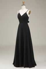 A-Line Spaghetti Straps Black Chiffon Long Bridesmaid Dress