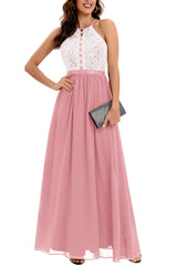 A Line Halter Blush Long Bridesmaid Dress with Lace