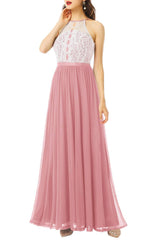 A Line Halter Blush Long Bridesmaid Dress with Lace