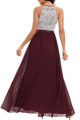 A Line Halter Blush Long Bridesmaid Dress with Lace