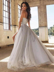 A-line Spaghetti Strap Sweep Train Tulle Prom Dresses With Beading TP1057