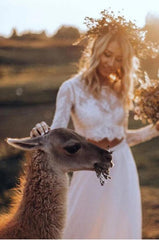 Affordable Casual Long Sleeve Lace Top Bridal Dresses,Rustic 2 Piece Crop Top Wedding Dress