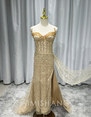 Wholesale Elegant Formal Wear Dresses Strapless Champion Sequin Long Prom Dress Slit Evening Gown Charming Party Dress