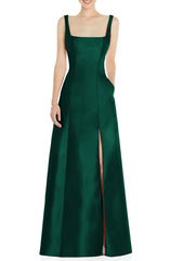 Simple and elegant A-shaped off shoulder square collar with satin and floor length front slit and backless evening dress