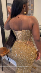 Long Mermaid Sequin Gold Sleeveless Lace-Up Prom Dresses