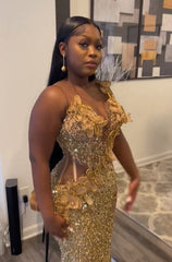 Long Mermaid Sequin Gold Sleeveless Lace-Up Prom Dresses