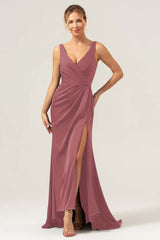 Agave V-Neck Long Bridesmaid Dress with Slit