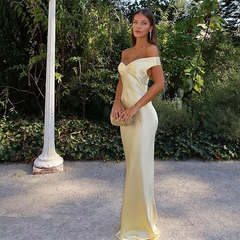 Classy Mermaid Off The Shoulder Yellow Satin Long Evening Dress Prom Dresses SD2063