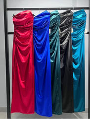 Vintage Sheath Strapless Neckline Slit Satin Long Party Dress Prom Dresses SD2446