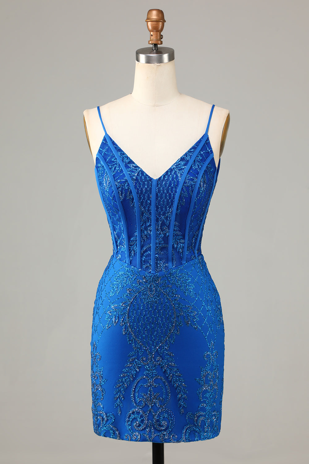 Sparkly Royal Blue Beaded Spaghetti Straps Tight Short Homecoming Dress