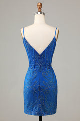 Sparkly Royal Blue Beaded Spaghetti Straps Tight Short Homecoming Dress