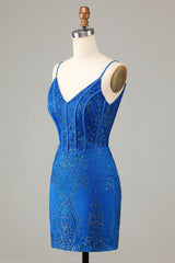 Sparkly Royal Blue Beaded Spaghetti Straps Tight Short Homecoming Dress