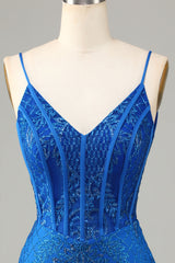 Sparkly Royal Blue Beaded Spaghetti Straps Tight Short Homecoming Dress