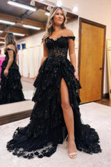 Shoulder Long Tiered Prom Dress With Appliques Off Shoulder