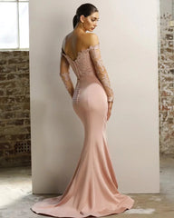 Backless Long Sleeves Lace Off the Shoulder Bridesmaid Dress With Slit