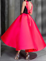 Ball Gown Color Block Celebrity Style Elegant Prom Formal Evening Birthday Dress Christmas Red Green Dress High Neck Sleeveless Ankle Length Satin with Bow, AST1740