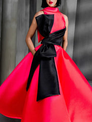 Ball Gown Color Block Celebrity Style Elegant Prom Formal Evening Birthday Dress Christmas Red Green Dress High Neck Sleeveless Ankle Length Satin with Bow, AST1740