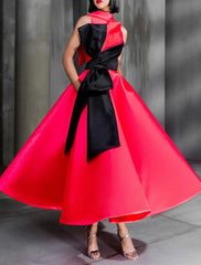 Ball Gown Color Block Celebrity Style Elegant Prom Formal Evening Birthday Dress Christmas Red Green Dress High Neck Sleeveless Ankle Length Satin with Bow, AST1740