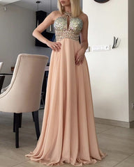 Beaded Halter Open Back Long Chiffon Prom Dresses