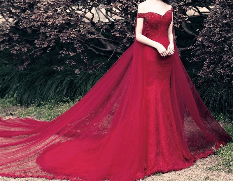 Beading V Neck Off Shoulder Lace Mermaid Evening Dresses Removable Skirt