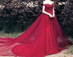 Beading V Neck Off Shoulder Lace Mermaid Evening Dresses Removable Skirt