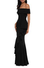 Elegant off the shoulder fishtail and floor length layered ruffled evening dress