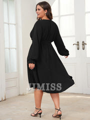 Plus size evening dress mid length dress winter long sleeved wrap V-neck belt A-line flowing party dress