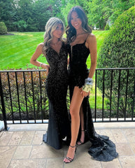 Gorgeous V-neck Black Spaghetti Strap Mermaid Long Prom Dress