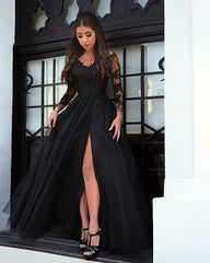 Black Tulle Prom Dresses V-neck Lace Sleeves