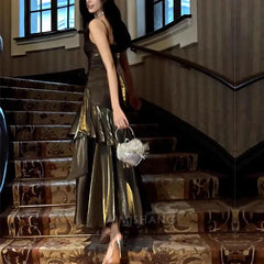 Aimishang Elegant Dark Chrome Ruffled Tiered Maxi Dress Long Prom Dress Charming Evening Party Dress Women's Dresses